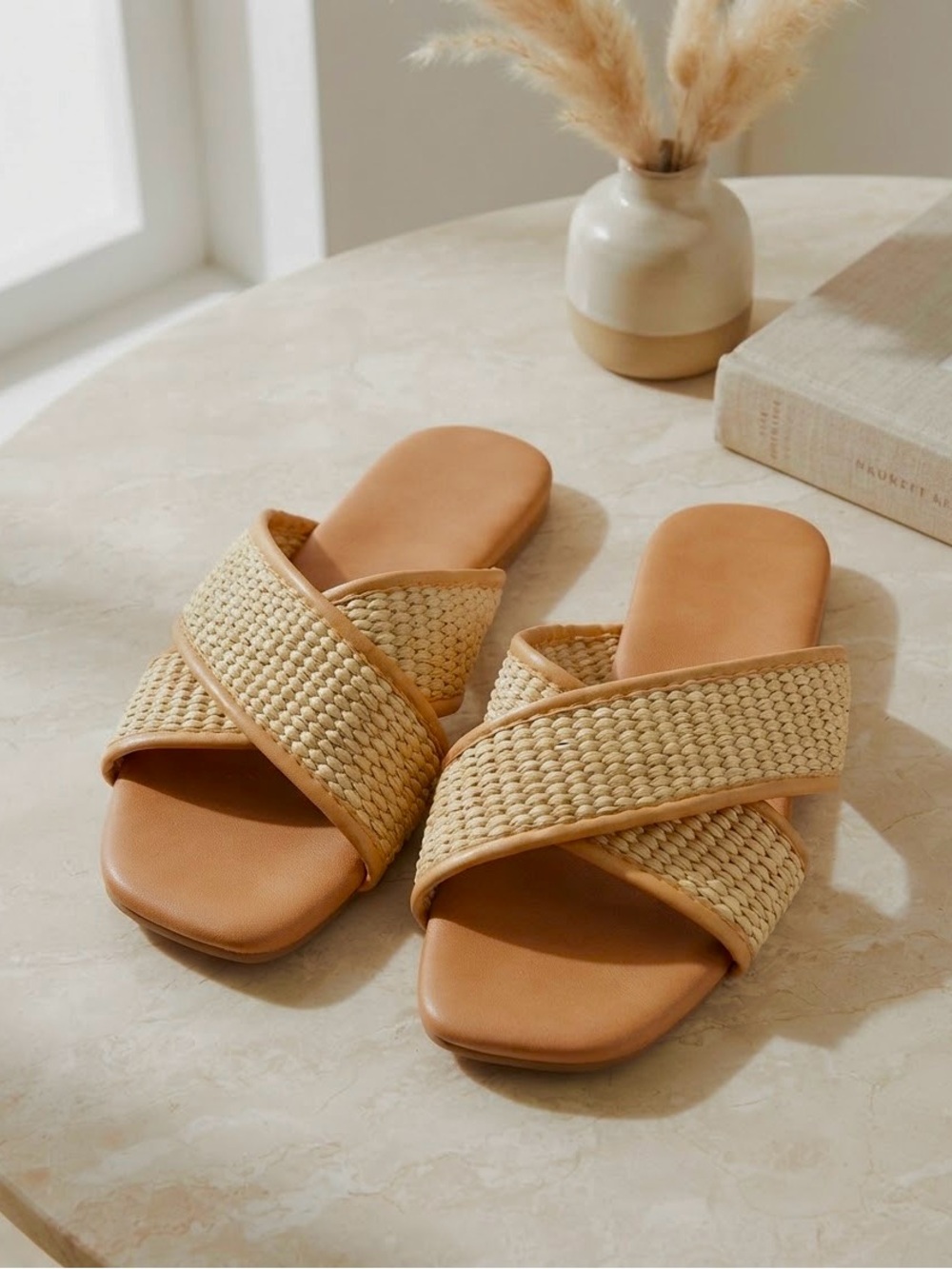 Woven Strap Tan Slide Sandals